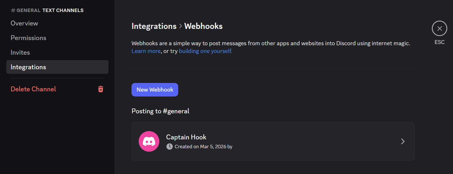 Discord channel Integrations → Webhooks → New Webhook