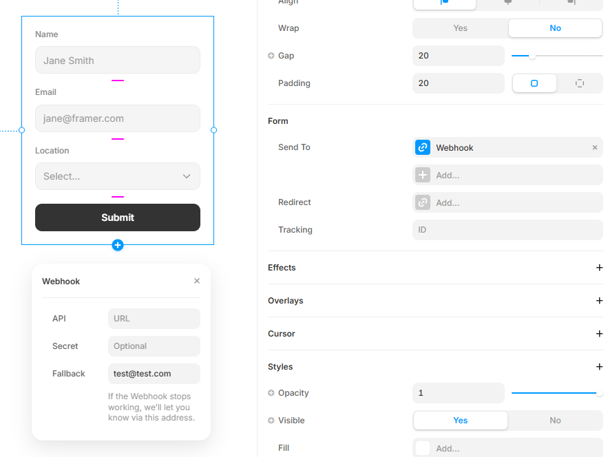 Framer form webhook destination settings