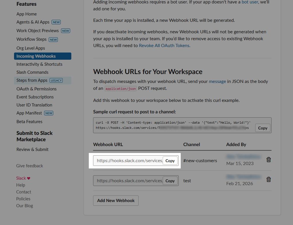 Slack webhook URL ready to copy